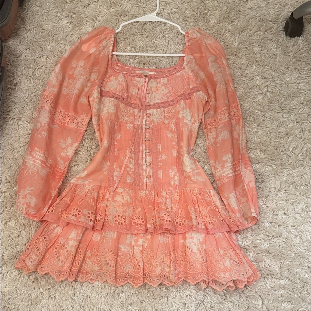 LoveShackFancy Coral Pink Lace-Trim Mini Dress